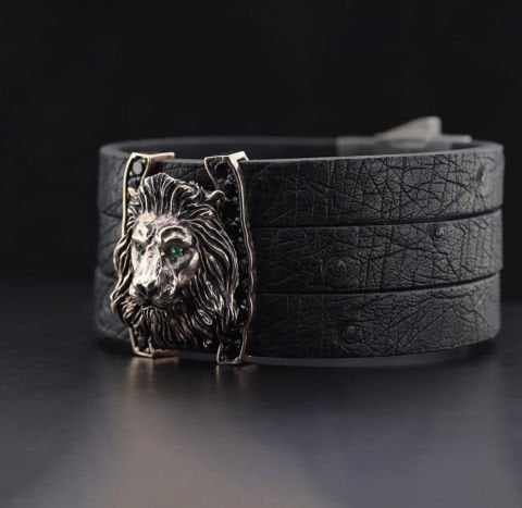 Orijinal Deve Kuşu Derisi Kordonlu Aslan Figürlü Bileklik