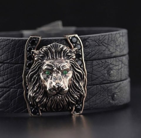 Orijinal Deve Kuşu Derisi Kordonlu Aslan Figürlü Bileklik